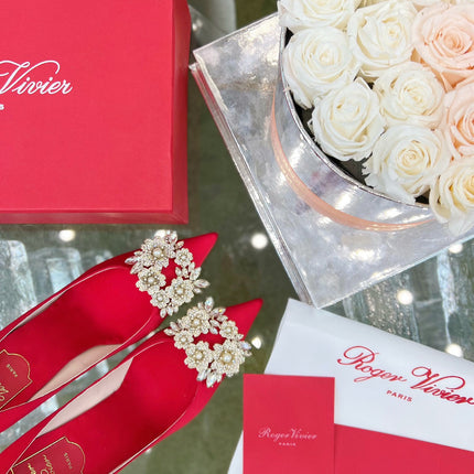 EFFLORESCENCE POINTED-TOE PUMPS IN RED SATIN WITH CRYSTAL BUCKLE