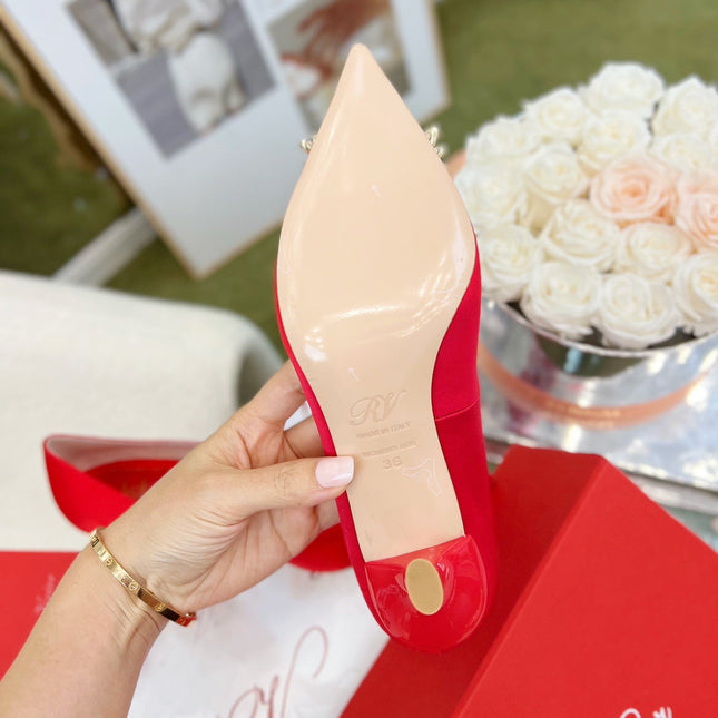 EFFLORESCENCE POINTED-TOE PUMPS IN RED SATIN WITH CRYSTAL BUCKLE
