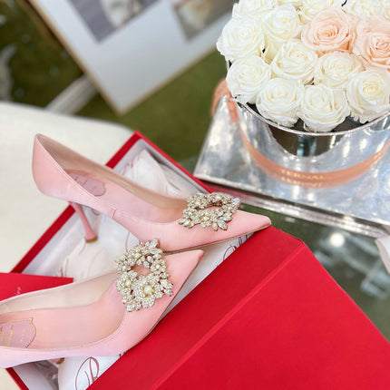 EFFLORESCENCE POINTED-TOE PUMPS IN YOUR PINK SATIN WITH CRYSTAL BUCKLE