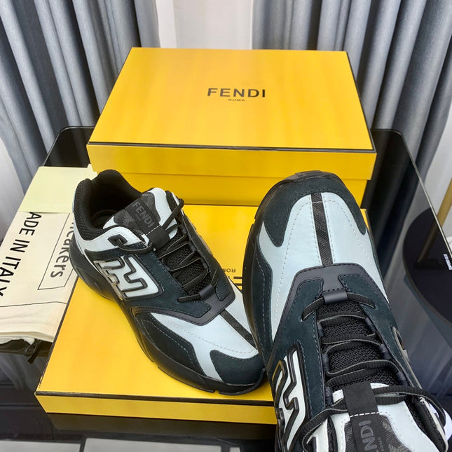 FENDI FASTER TRAINER IN BLACK SUEDE MIX WHITE CALFSKIN