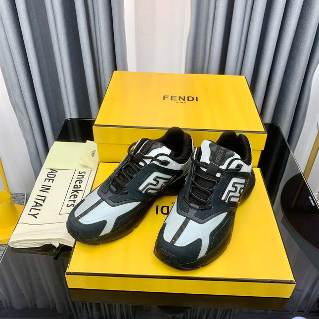 FENDI FASTER TRAINER IN BLACK SUEDE MIX WHITE CALFSKIN