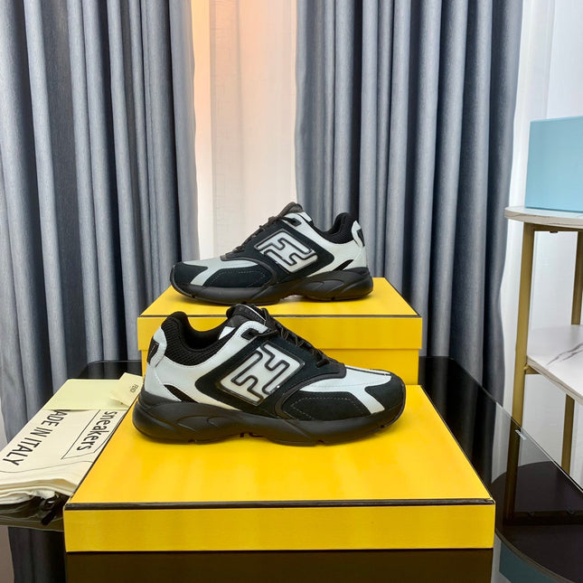 FENDI FASTER TRAINER IN BLACK SUEDE MIX WHITE CALFSKIN