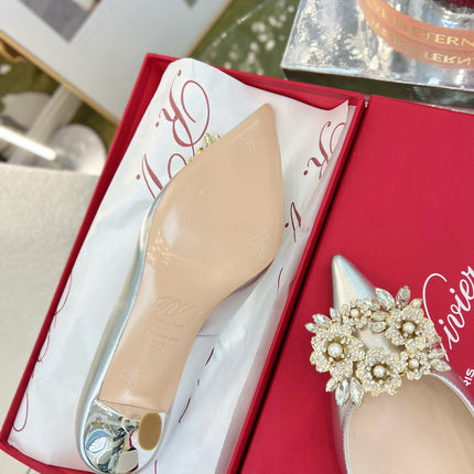 EFFLORESCENCE POINTED-TOE PUMPS 85MM IN SILVER SATIN WITH CRYSTAL BUCKLE