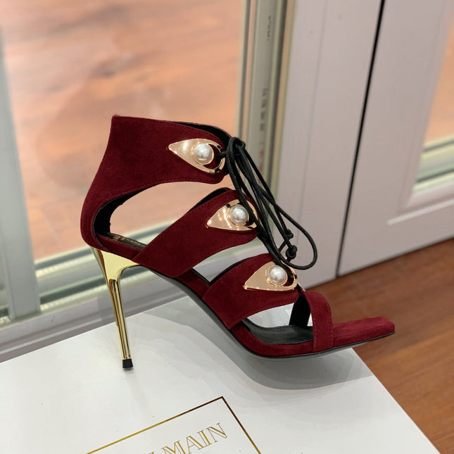 BALMAIN 25S HIGH HEELS 95MM IN OXBLOOD SUEDE WITH PEARL