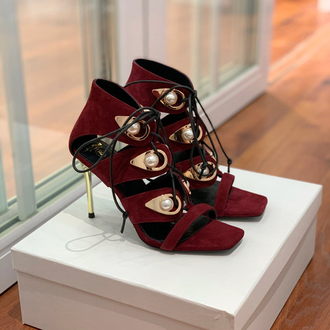 BALMAIN 25S HIGH HEELS 95MM IN OXBLOOD SUEDE WITH PEARL