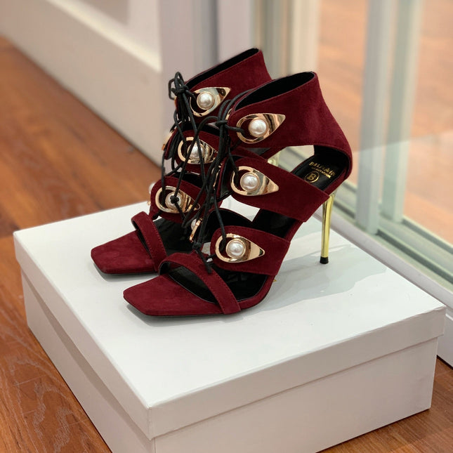 BALMAIN 25S HIGH HEELS 95MM IN OXBLOOD SUEDE WITH PEARL