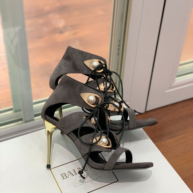 BALMAIN 25S HIGH HEELS 95MM IN CHARCOAL BROWN SUEDE WITH PEARL