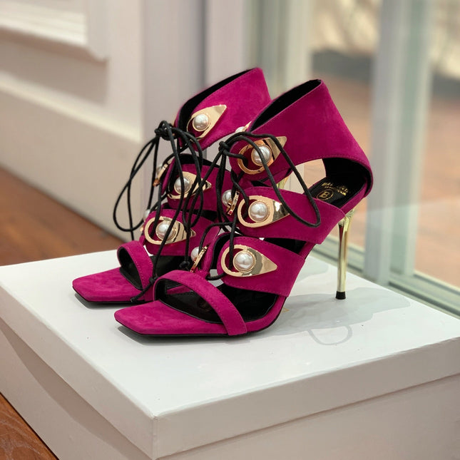 BALMAIN 25S HIGH HEELS 95MM IN FUCHSIA SUEDE WITH PEARL