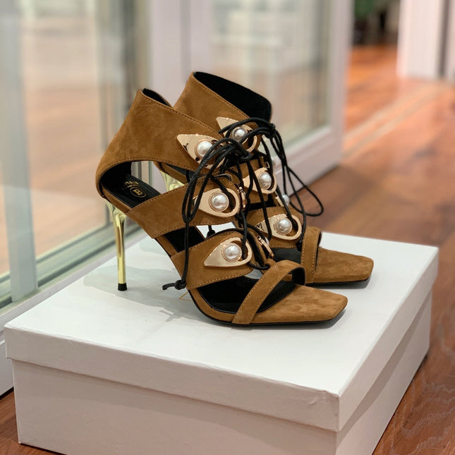 BALMAIN 25S HIGH HEELS 95MM IN DARK BROWN SUEDE WITH PEARL