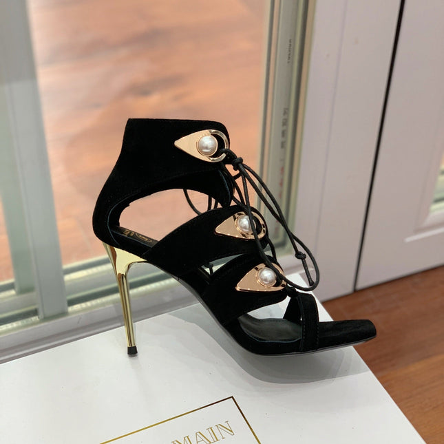 BALMAIN 25S HIGH HEELS 95MM IN BLACK SUEDE WITH PEARL
