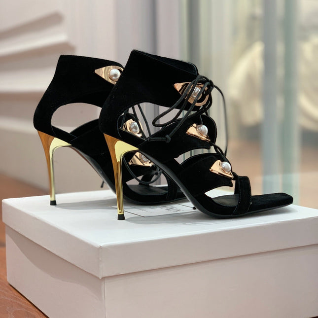 BALMAIN 25S HIGH HEELS 95MM IN BLACK SUEDE WITH PEARL