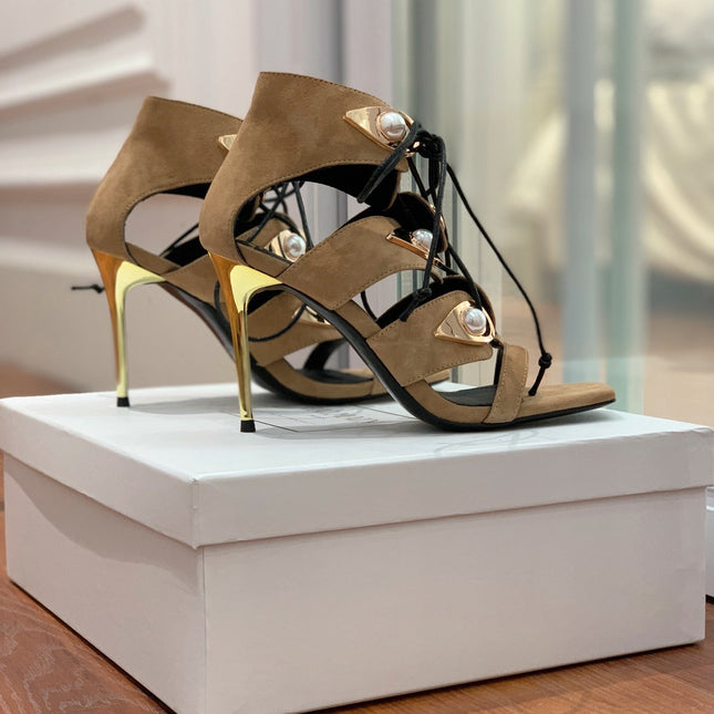 BALMAIN 25S HIGH HEELS 95MM IN LIGHT BROWN SUEDE WITH PEARL