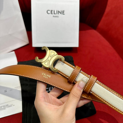 TRIOMPHE BELT 25MM REVERSIBLE IN WHITE FABRIC AND BROWN CALFSKIN WITH GOLD BUCKLE