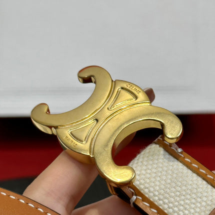 TRIOMPHE BELT 25MM REVERSIBLE IN WHITE FABRIC AND BROWN CALFSKIN WITH GOLD BUCKLE
