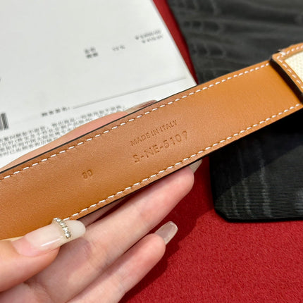 TRIOMPHE BELT 25MM REVERSIBLE IN WHITE FABRIC AND BROWN CALFSKIN WITH GOLD BUCKLE