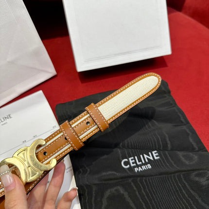 TRIOMPHE BELT 25MM REVERSIBLE IN WHITE FABRIC AND BROWN CALFSKIN WITH GOLD BUCKLE