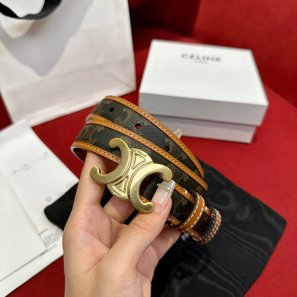 TRIOMPHE BELT 25MM REVERSIBLE IN DARK BROWN LOGO PRINT AND BROWN CALFSKIN WITH GOLD BUCKLE