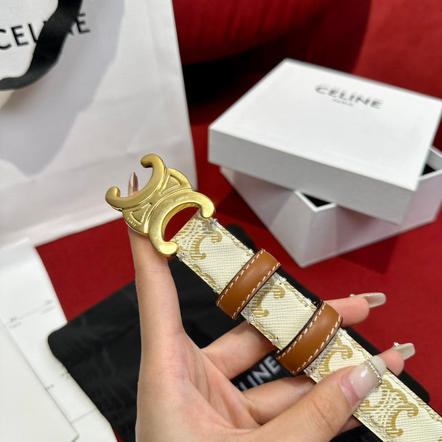 TRIOMPHE BELT 25MM REVERSIBLE IN WHITE LOGO-PRINT AND BROWN CALFSKIN WITH GOLD BUCKLE