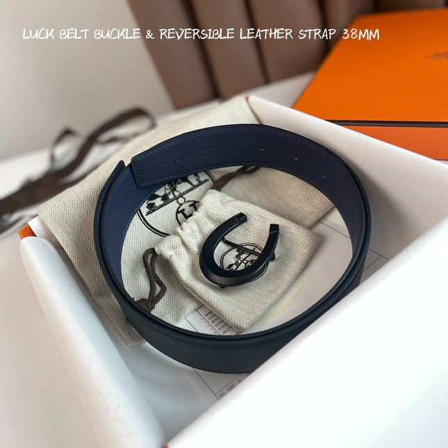 LUCK BELT BUCKLE & REVERSIBLE AEGEAN BLUE AND BLACK LEATHER STRAP 38MM BLACK HARDWARE