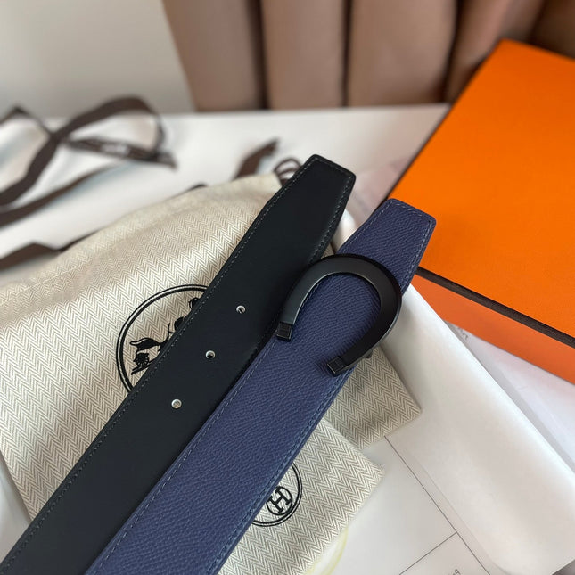 LUCK BELT BUCKLE & REVERSIBLE AEGEAN BLUE AND BLACK LEATHER STRAP 38MM BLACK HARDWARE