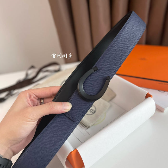 LUCK BELT BUCKLE & REVERSIBLE AEGEAN BLUE AND BLACK LEATHER STRAP 38MM BLACK HARDWARE