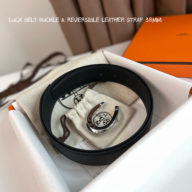 LUCK BELT BUCKLE & REVERSIBLE BLACK LEATHER STRAP 38MM SILVER HARDWARE