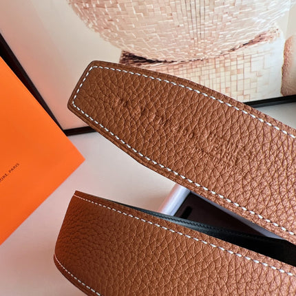 HM ROYAL BELT BUCKLE & REVERSIBLE NOIR AND CIDER ORANGE LEATHER STRAP 32 MM SILVER HARDWARE