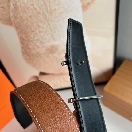 HM ROYAL BELT BUCKLE & REVERSIBLE NOIR AND CIDER ORANGE LEATHER STRAP 32 MM SILVER HARDWARE