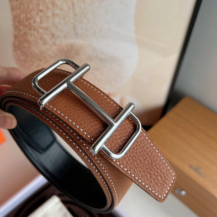HM ROYAL BELT BUCKLE & REVERSIBLE NOIR AND CIDER ORANGE LEATHER STRAP 32 MM SILVER HARDWARE