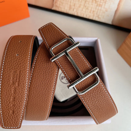 HM ROYAL BELT BUCKLE & REVERSIBLE NOIR AND CIDER ORANGE LEATHER STRAP 32 MM SILVER HARDWARE