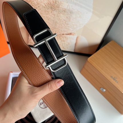 HM ROYAL BELT BUCKLE & REVERSIBLE NOIR AND CIDER ORANGE LEATHER STRAP 32 MM SILVER HARDWARE