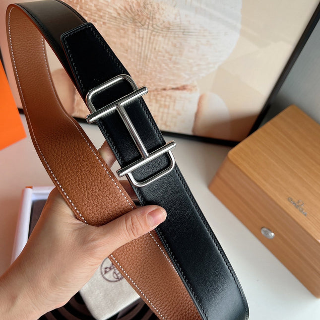 HM ROYAL BELT BUCKLE & REVERSIBLE NOIR AND CIDER ORANGE LEATHER STRAP 32 MM SILVER HARDWARE