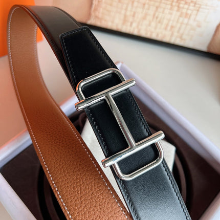 HM ROYAL BELT BUCKLE & REVERSIBLE NOIR AND CIDER ORANGE LEATHER STRAP 32 MM SILVER HARDWARE