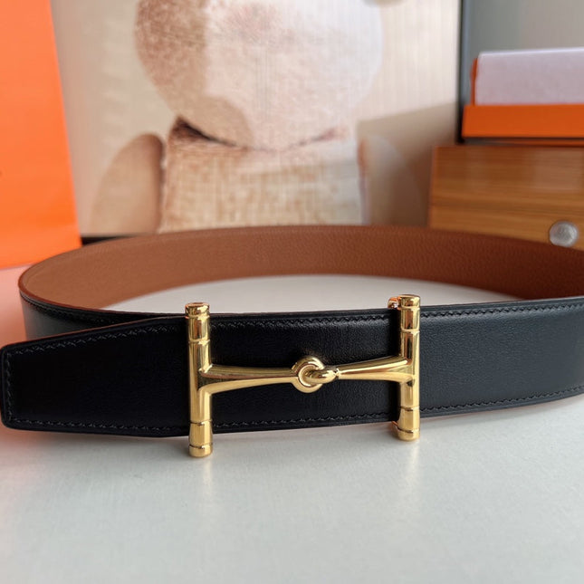 HM JUMBO BELT BUCKLE & REVERSIBLE CIDER ORANGE AND BLACK LEATHER STRAP 38 MM GOLD HARDWARE