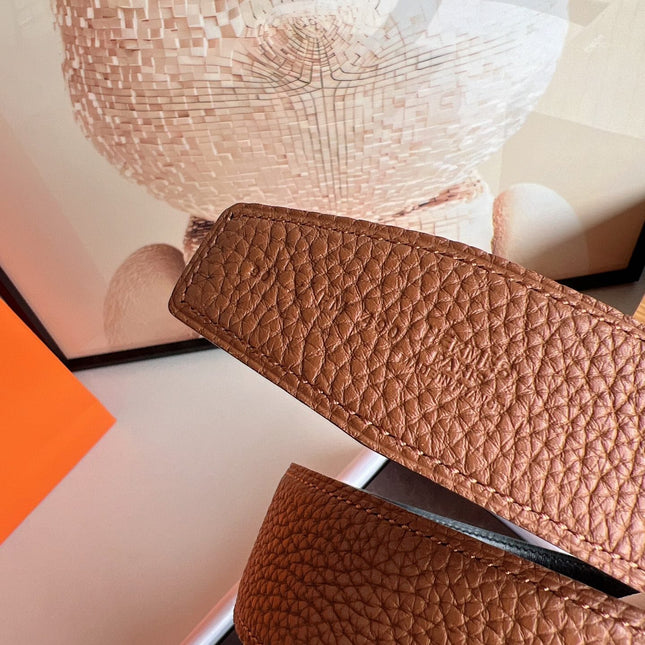 HM JUMBO BELT BUCKLE & REVERSIBLE CIDER ORANGE AND BLACK LEATHER STRAP 38 MM GOLD HARDWARE