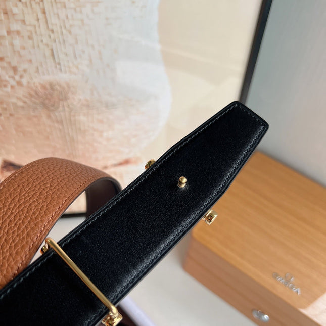 HM JUMBO BELT BUCKLE & REVERSIBLE CIDER ORANGE AND BLACK LEATHER STRAP 38 MM GOLD HARDWARE