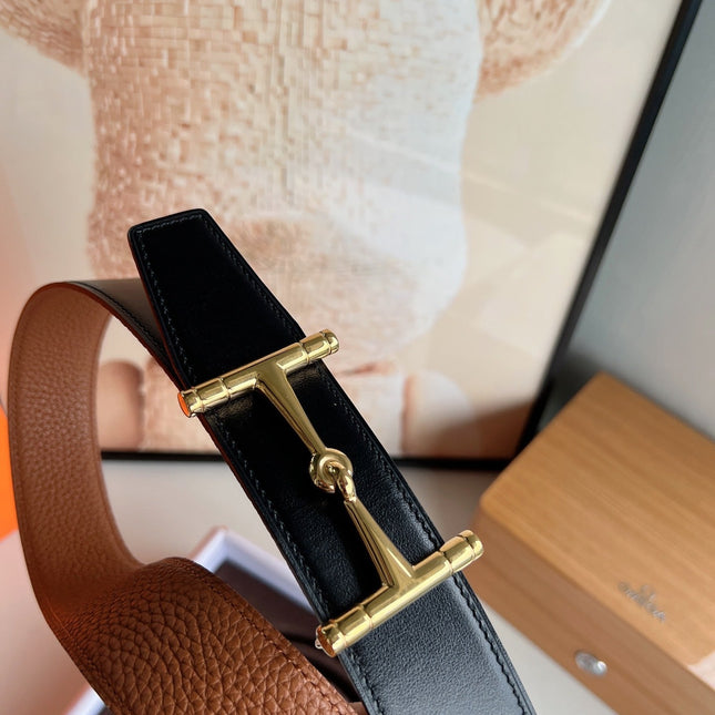 HM JUMBO BELT BUCKLE & REVERSIBLE CIDER ORANGE AND BLACK LEATHER STRAP 38 MM GOLD HARDWARE