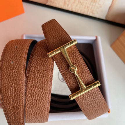 HM JUMBO BELT BUCKLE & REVERSIBLE CIDER ORANGE AND BLACK LEATHER STRAP 38 MM GOLD HARDWARE