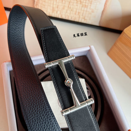 HM JUMBO BELT BUCKLE & REVERSIBLE CIDER ORANGE AND BLACK LEATHER STRAP 38 MM SILVER HARDWARE