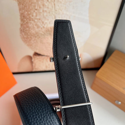 HM JUMBO BELT BUCKLE & REVERSIBLE CIDER ORANGE AND BLACK LEATHER STRAP 38 MM SILVER HARDWARE