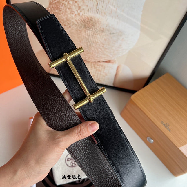 HM H D'ANCRE BELT BUCKLE & REVERSIBLE CHOCOLATE BROWN LEATHER STRAP 38 MM GOLD HARDWARE