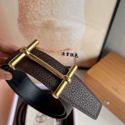 HM H D'ANCRE BELT BUCKLE & REVERSIBLE CHOCOLATE BROWN LEATHER STRAP 38 MM GOLD HARDWARE