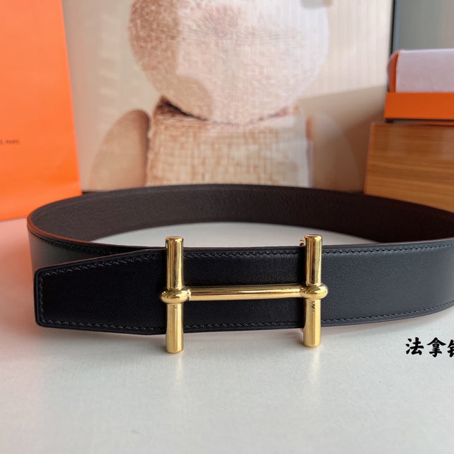 HM H D'ANCRE BELT BUCKLE & REVERSIBLE CHOCOLATE BROWN LEATHER STRAP 38 MM GOLD HARDWARE