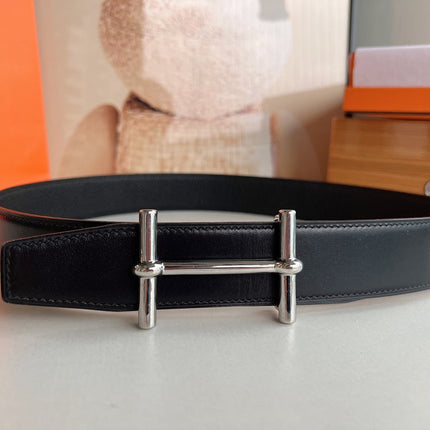 HM H D'ANCRE BELT BUCKLE & REVERSIBLE BLACK LEATHER STRAP 38 MM SILVER HARDWARE