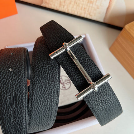 HM H D'ANCRE BELT BUCKLE & REVERSIBLE BLACK LEATHER STRAP 38 MM SILVER HARDWARE