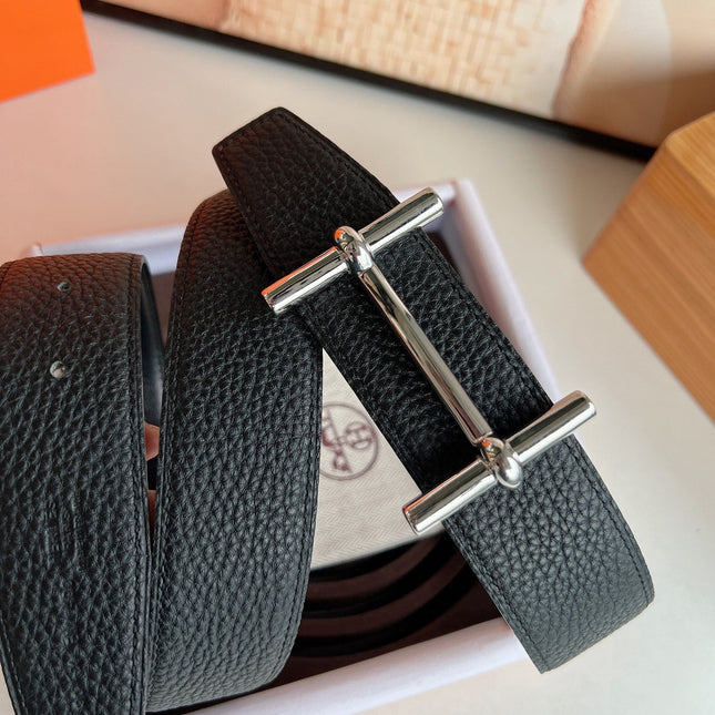 HM H D'ANCRE BELT BUCKLE & REVERSIBLE BLACK LEATHER STRAP 38 MM SILVER HARDWARE