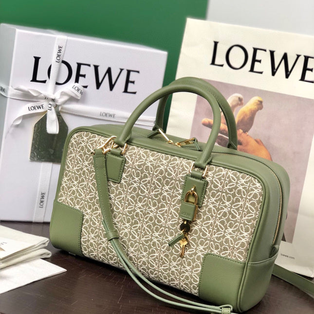 LOE AMAZONA 28 BAG IN OLIVE GREEN CALFSKIN AND BEIGE MONOGRAM FABRIC