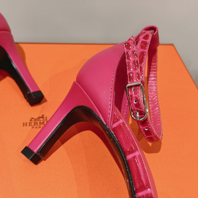 PREMIERE 70 SANDAL IN WATERMELON PINK CROCODILE LEATHER
