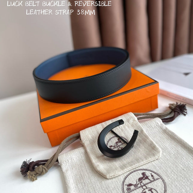 LUCK BELT BUCKLE & REVERSIBLE NAVY BLUE LEATHER STRAP 38MM BLACK HARDWARE