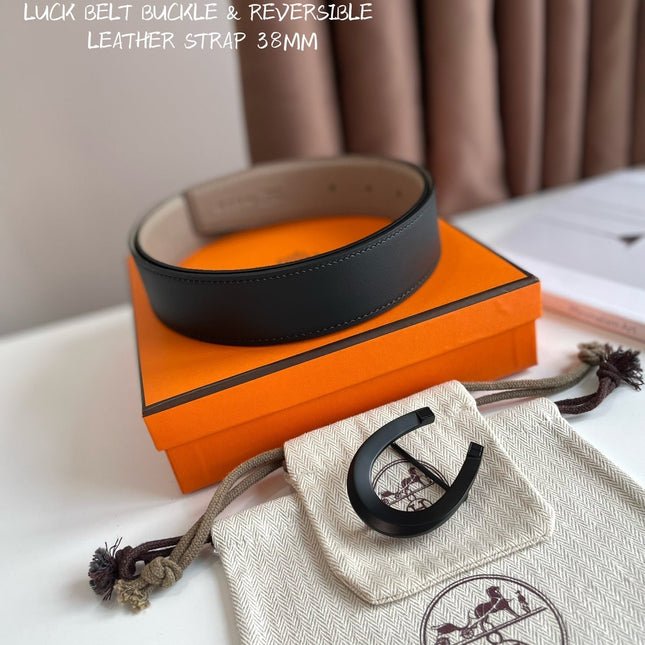 LUCK BELT BUCKLE & REVERSIBLE KHAKI BROWN LEATHER STRAP 38MM BLACK HARDWARE